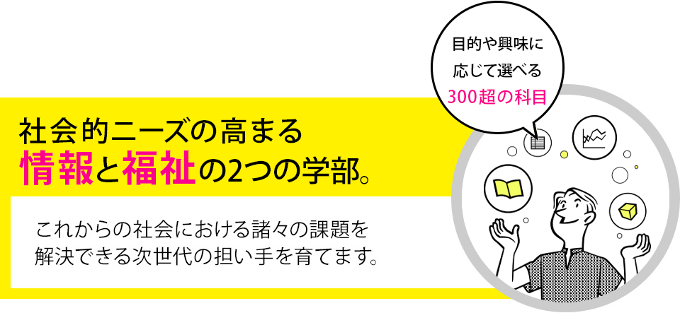 社会的ニーズの高まる情報と福祉の2つの学部。これからの社会における諸々の課題を解決できる次世代の担い手を育てます。両方学べる包括支援モデルも