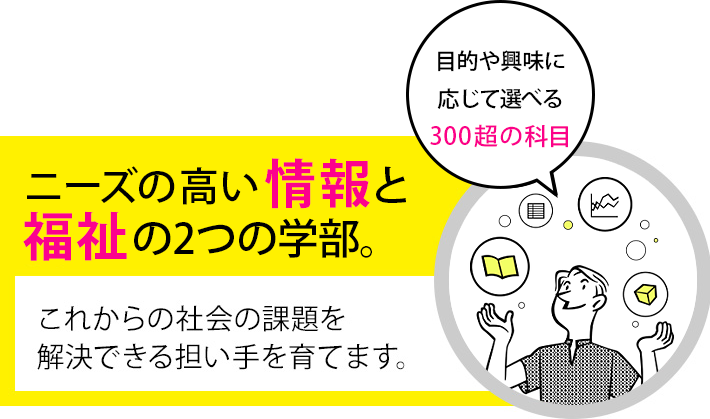 社会的ニーズの高まる情報と福祉の2つの学部。これからの社会における諸々の課題を解決できる次世代の担い手を育てます。両方学べる包括支援モデルも